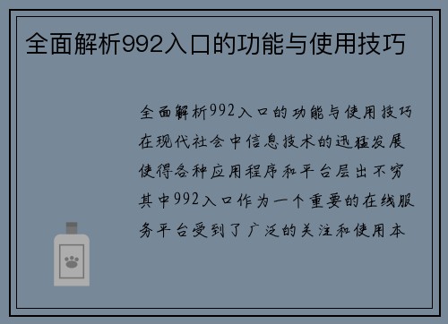 全面解析992入口的功能与使用技巧